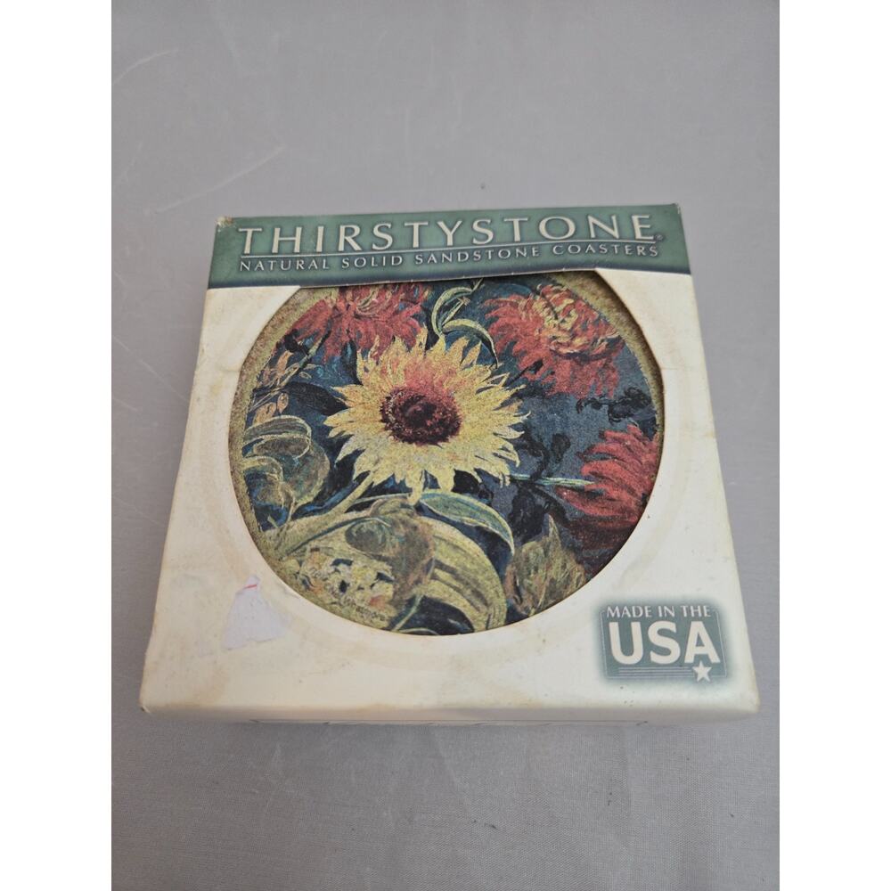 Thirstystone Natural Sandstone Coasters x 4 Floral Yellow Blue Green NEW